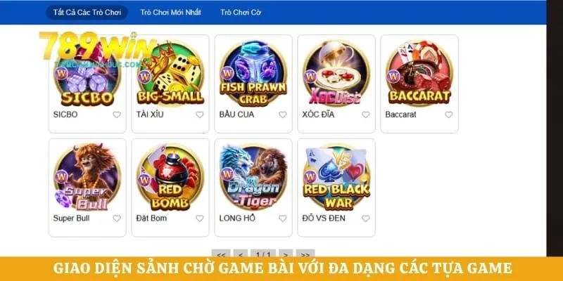 Giao diện sảnh chờ game bài với đa dạng các tựa game từ Tiến Lên đến Mậu Binh